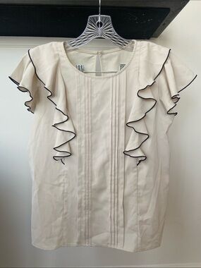 Women’s Cream Ruffle Sleeve Blouse with Contrast Trim